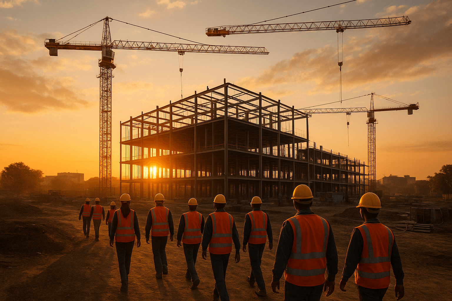 Construction team reviewing blueprints